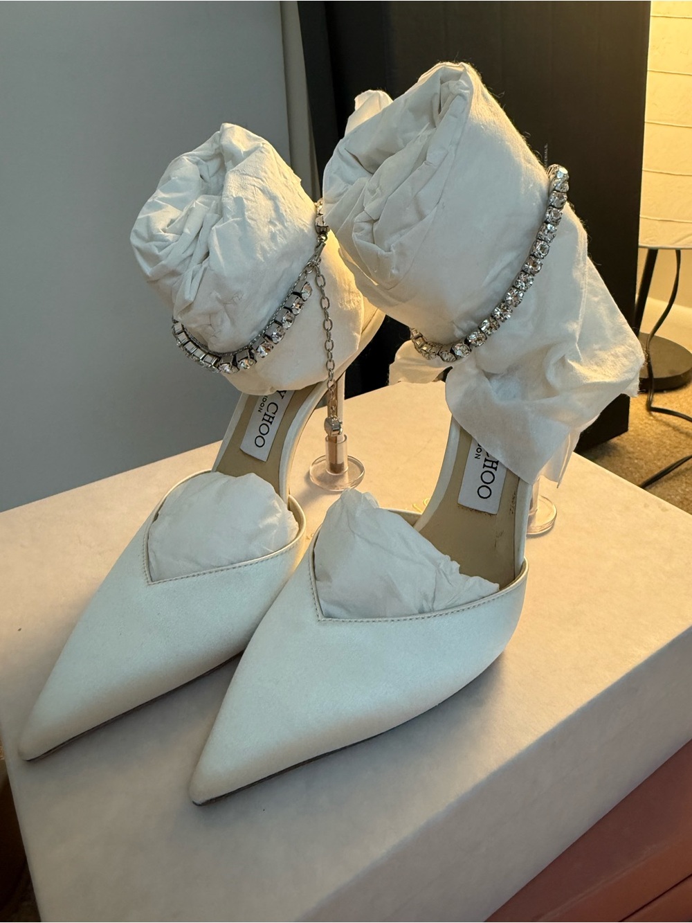 Jimmy Choo Ivory Saeda 100 Satin Pointed Toe Crystal-Ankle Strap Pumps